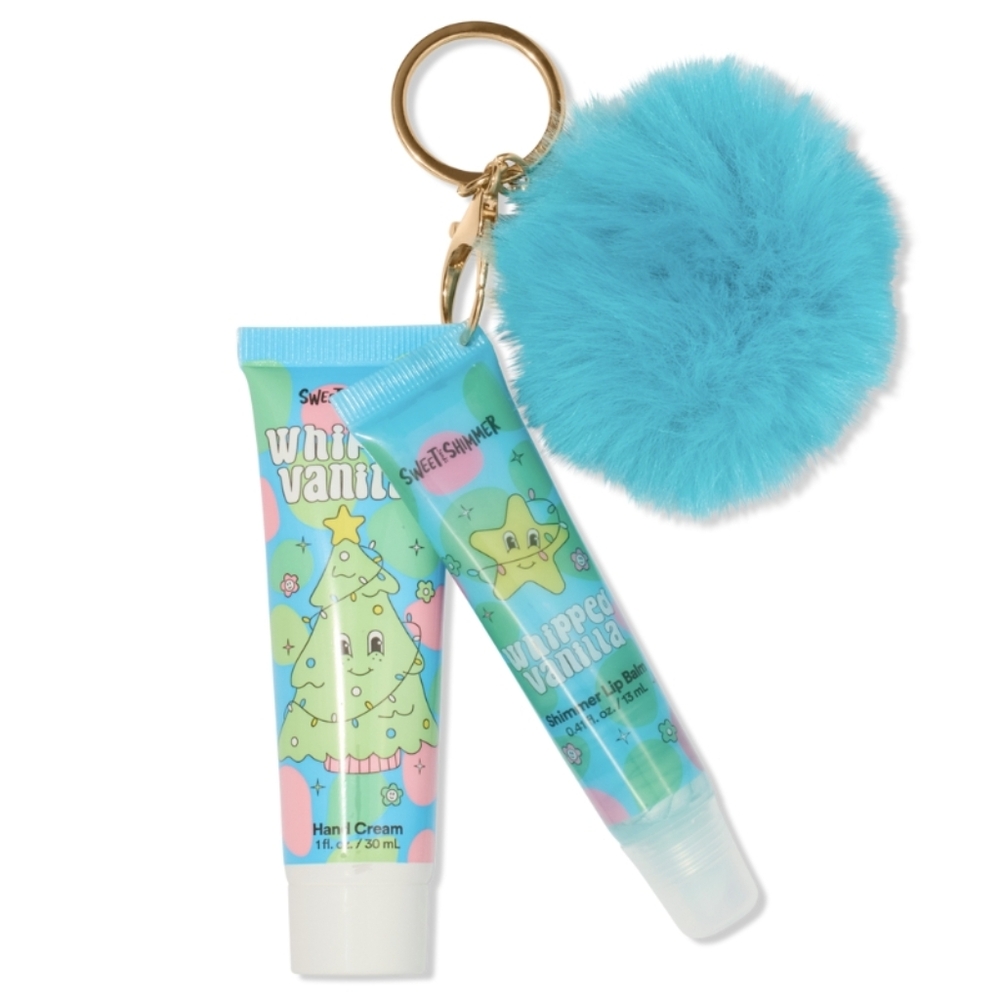 Sweet & Shimmer Whipped Vanilla Lip Gloss and Hand Cream Keychain Pom Charm Set